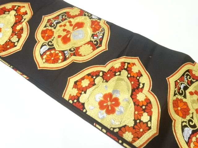 JAPANESE KIMONO / ANTIQUE FUKURO OBI / SILK / WOVEN KIKU & PAULOWNIA